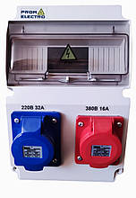 Щит на 10 модулів з розетками 220В-380В 16-32А, без автоматичних вимикачів.