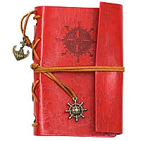 Блокнот, скетчбук, альбом, фотоальбом винтажный "Роза ветров" с крафтовыми листами в кожаной обложке, красный