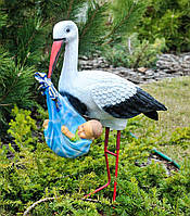 Садова фігура Лелека з немовлям хлопчиком на металевих лапах (88х25х62 см), лелека для саду, лелека в сад, садово паркові
