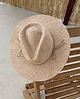 Летняя соломенная шляпа Федора Бао с тонким плетением TROPICANA с цепочкой, пирсингом и декором