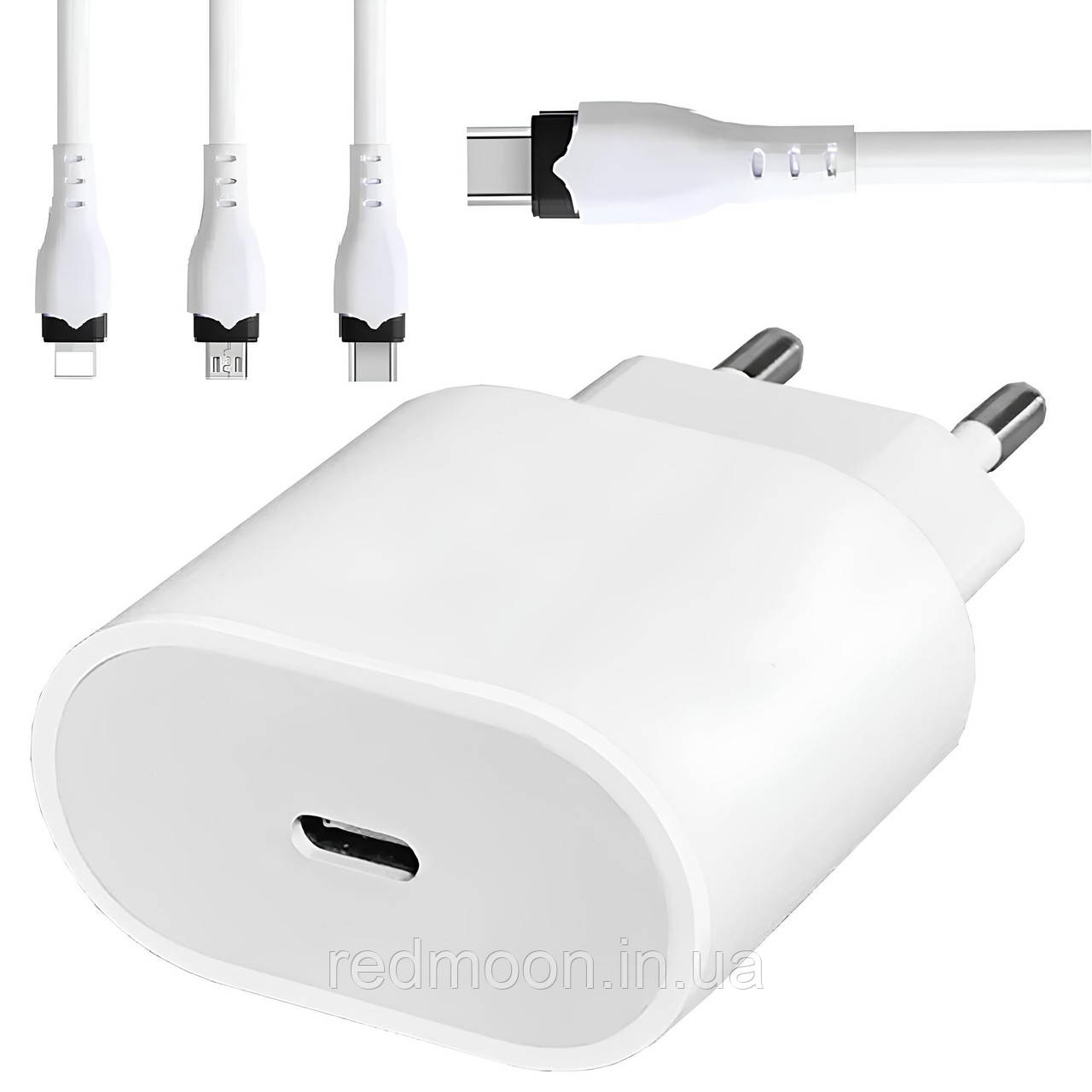 Блок живлення 20Вт + потрійний кабель USB-С to Lightning, Type-C, Micro USB / Адаптер для телефона / Блок зарядки