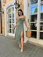 Стильное женское легкое летнее нарядное платье сарафан завязки миди качественный штапель с размером на ноге Олива, 42