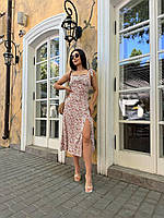 Стильное женское легкое летнее нарядное платье сарафан завязки миди качественный штапель с размером на ноге Пудра, 46