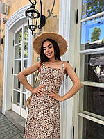 Стильное женское легкое летнее нарядное платье сарафан завязки миди качественный штапель с размером на ноге Бежевый, 46