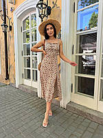 Стильное женское легкое летнее нарядное платье сарафан завязки миди качественный штапель с размером на ноге Бежевый, 48