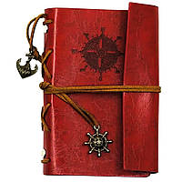 Блокнот, скетчбук, альбом, фотоальбом винтажный "Роза ветров" с крафтовыми листами в кожаной обложке, бордовый