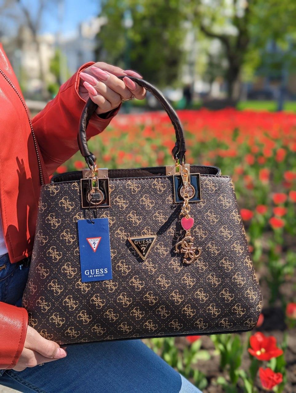 Сумка жіноча коричнева Guess Гесс на три відділення ЛЮКС