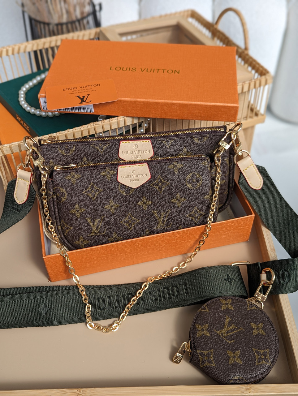 Сумка Луї Вітон 3 в 1 Louis Vuitton Multi Pochette, клатч коричневий + зелений через плечі Луї Вітон 3 в 1