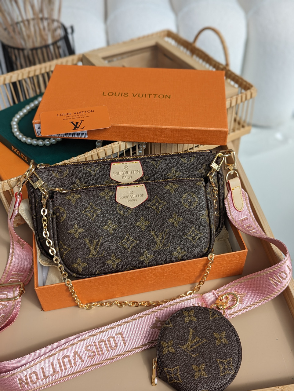 Сумка Луї Вітон 3 в 1 Louis Vuitton Multi Pochette, клатч коричневий + рожевий через плече Луї Вітон 3 в 1, фото 1