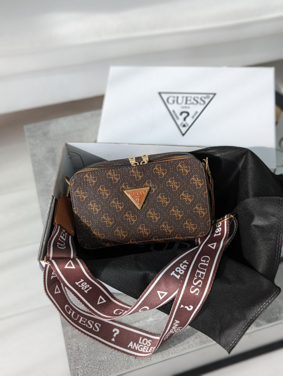 Сумка жіноча коричнева з рудим Guess Гесс крос-боді мінілого