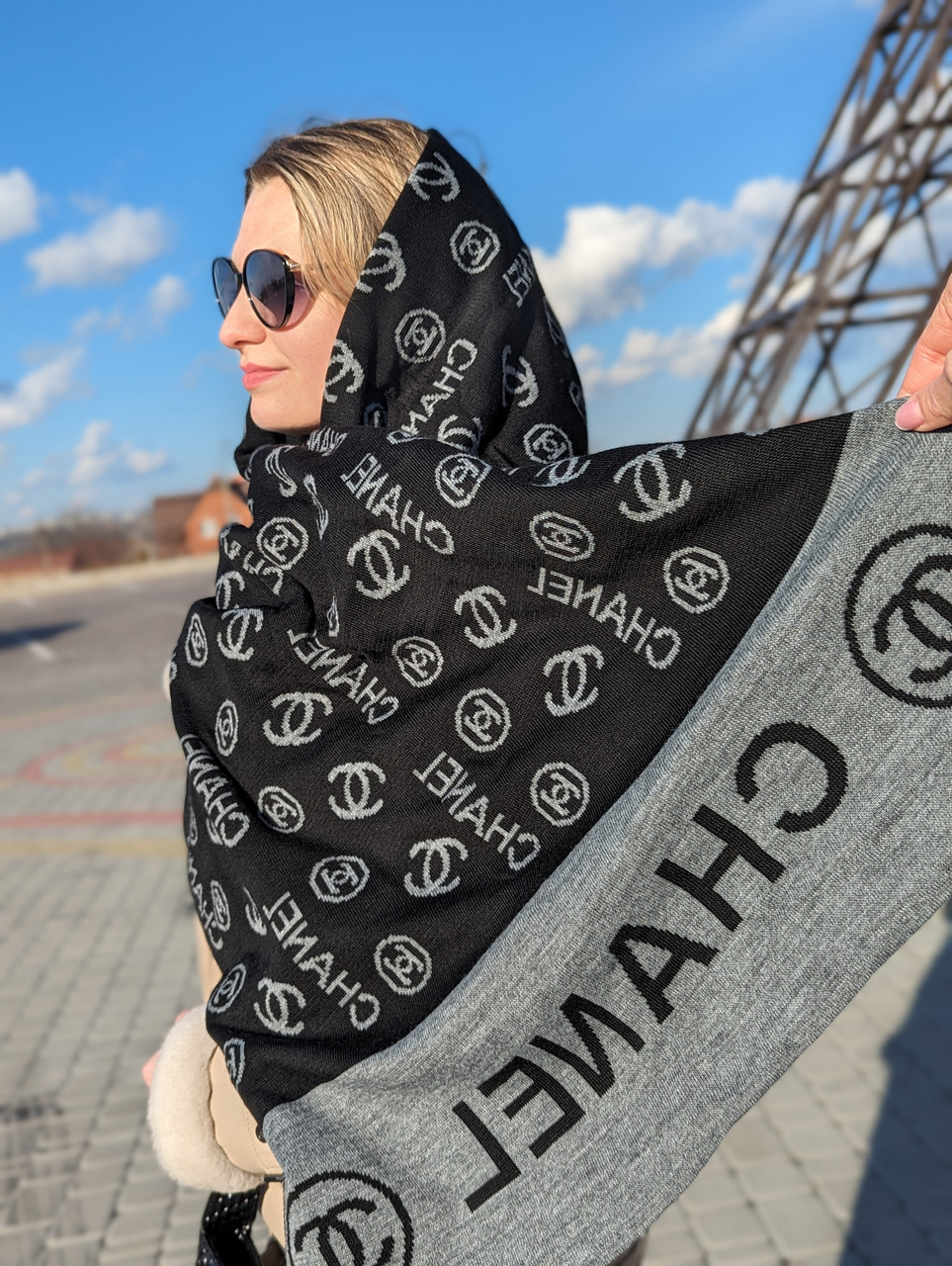 ПАЛАНТИН ШАРФ, ХУСТКА CHANEL ЖЕНСЬКИЙ ШАРФ ЛАНЕЛЬ чорний із фірмовим пакованням