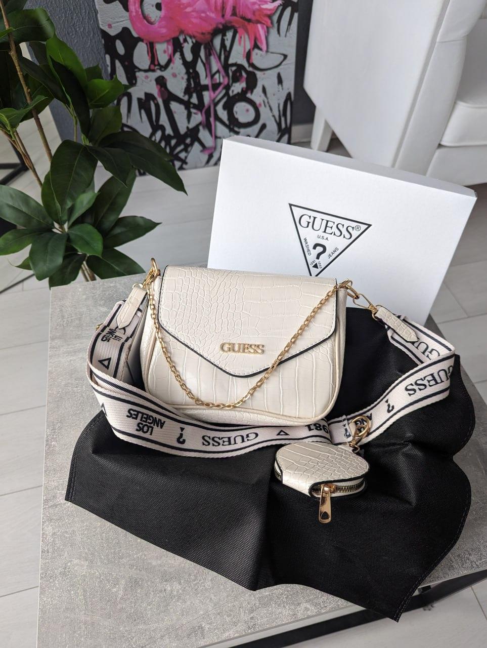 Сумка жіноча Guess молочна рептилія Гесс крос-боді 2 в 1