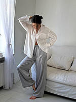 Стильные женские брюки широкого кроя, однотонные модные штаны базовые на высокой посадке серые