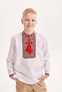 Підліткова вишиванка для хлопчика "Марко", біла сорочка з червоним орнаментом