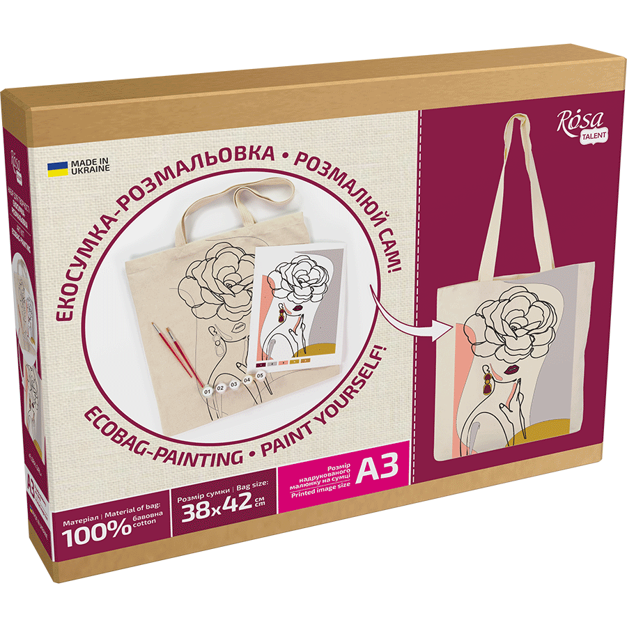 Набір, екосумка-розмальовка, „Floral Girl“, А3, бавовна 220 г/м2, 38х42см, ROSA Talent