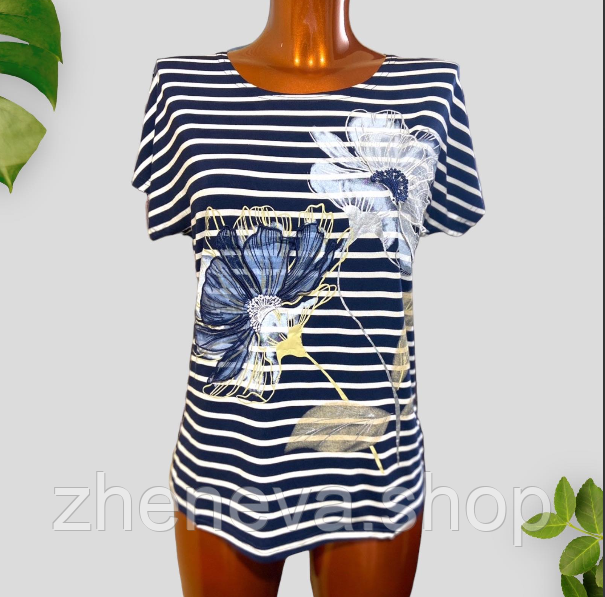 Жіноча футболка стильна модна синя смугаста з принтом Квіти (з тканини), фото 1