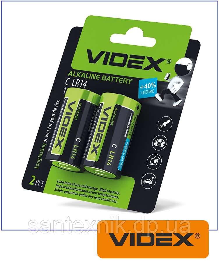 Батарейка лужна Videx LR14 C (пачка 2 шт.) SHRINK, фото 1