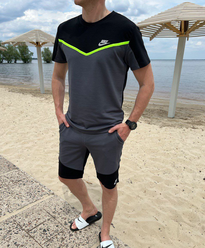 Чоловічий костюм літній Nike Найк футболка шорти Комплект сірий спортивний бавовна