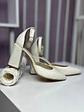 Туфлі жіночі бежеві на широкому підборі весільні на застібці натуральна шкіра, фото 2