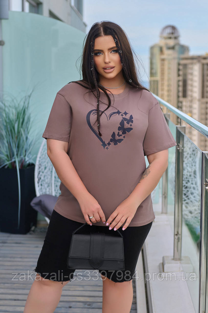 📌 Жіноча футболка стильна, високої якості, з малюнком "Серце" на грудях, кулір бавовна, на літо | Батал, фото 1