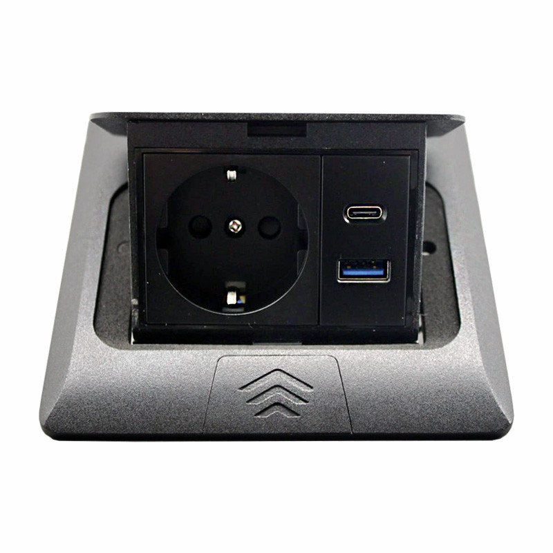 Розетка для підлоги із заземленням врізна 16 А + 2 USB (type C+A) 2.1 А, IP44, чорний SL-1