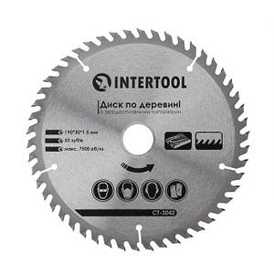 Диск пильний по деревині із твердосплавними напайками 190x30x1.5 мм , 50 зубів, 7500об/хв INTERTOOL CT-3042