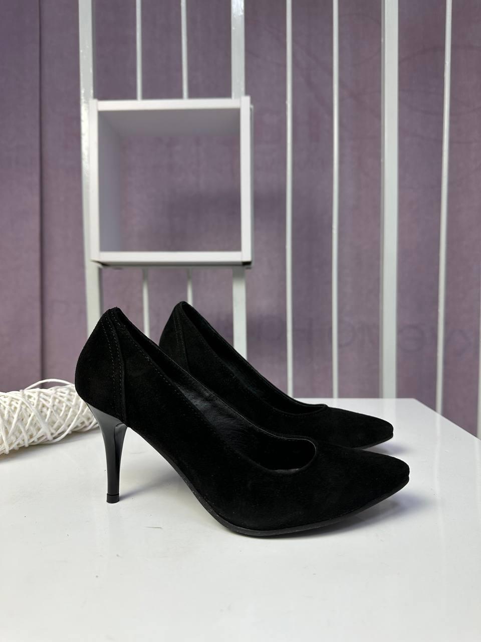 Туфлі жіночі чорні на підборах класичні замшеві, фото 1