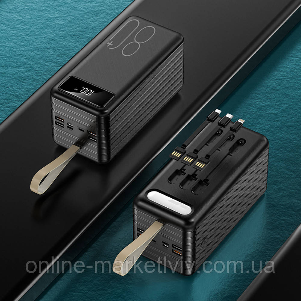 Повербанк з ліхтариком + 3 кабелі, 80000mAh, TX-80, Чорний / Зовнішній акумулятор з дисплеєм / Powerbank