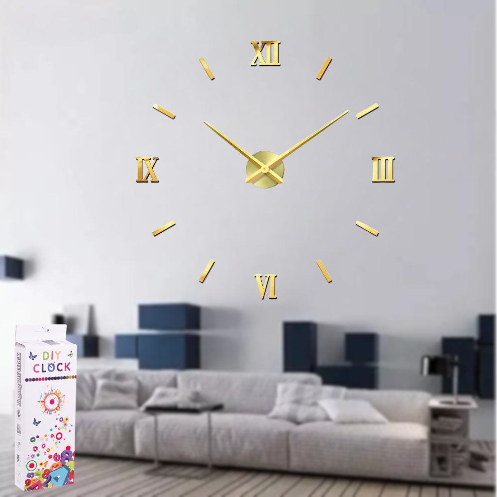Великий настінний годинник 3D на батарейках Diy Clock Електронна наклейка Зроби сам для кухні вітальні Золото, фото 1