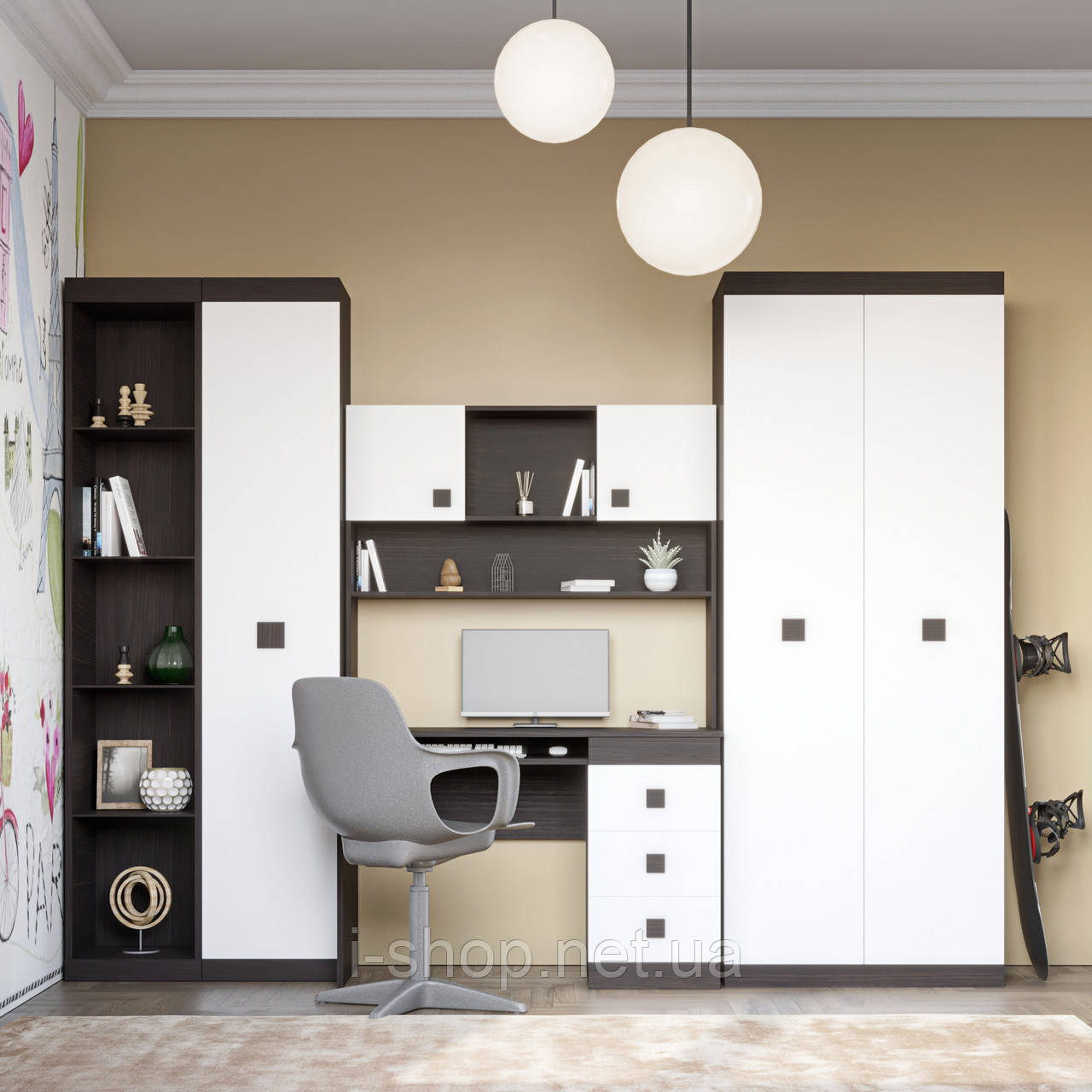 Дитяча стінка Еверест Соната Комплект 4 (модульна — 5 елементів) венге темний + білий (DTM-2584)