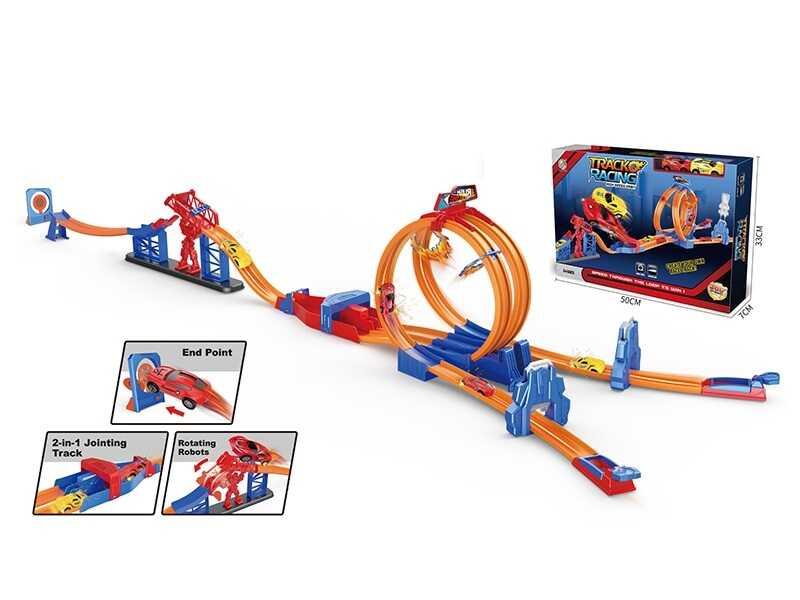 Трек B 7702 2 машинки з інерцією, 2 запускники коробка 50 см × 7 см × 33 см, фото 1
