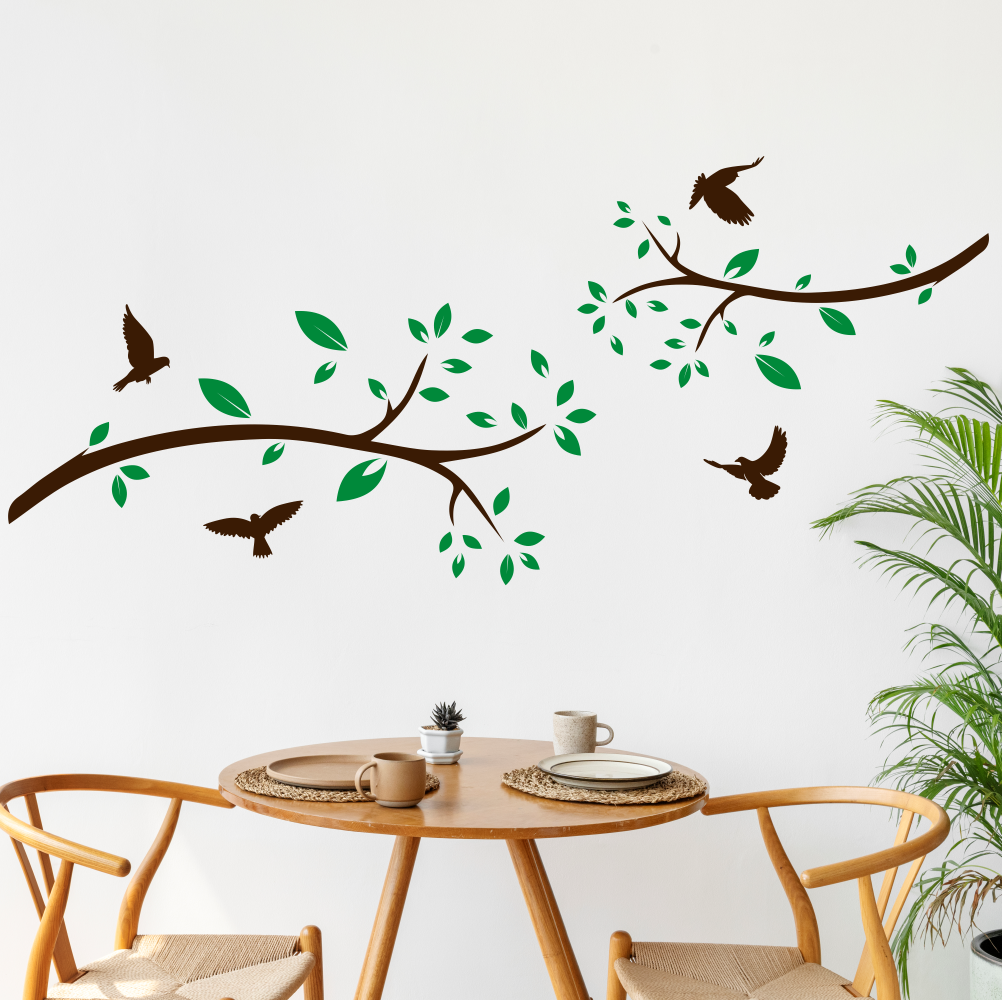 Наліпки на стіну Гілки дерева з птахами Набір 2шт листя птиці Happy Pocket Коричневий Зелене листя матовий
