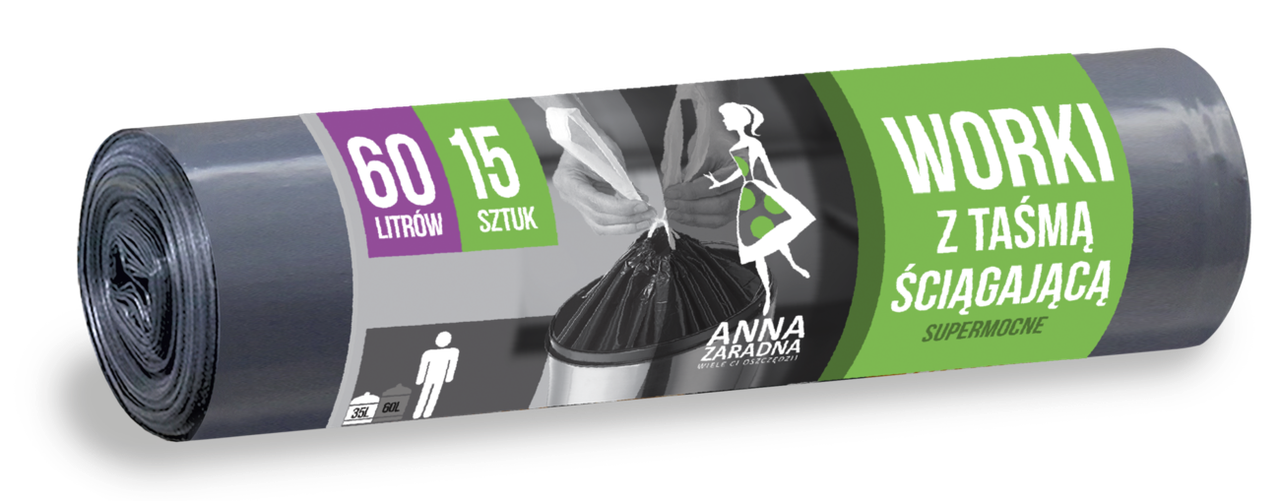 Пакети для сміття Anna Zaradna 60л із зав'язками (15 штук)