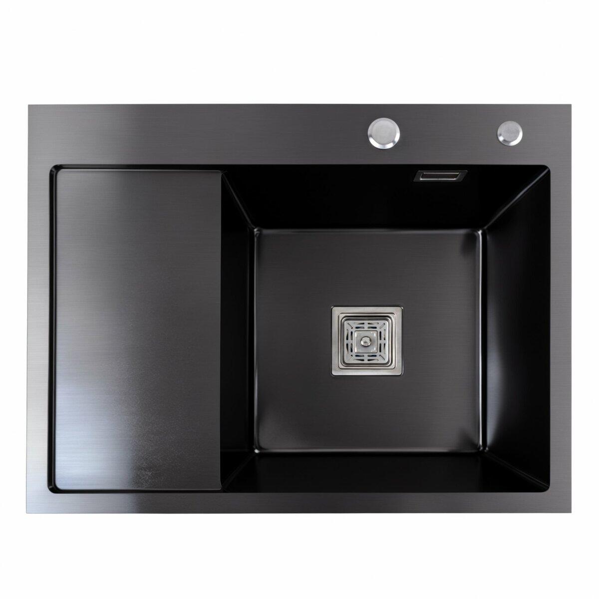 Кухонна мийка чорна Platinum PVD Handmade 65*50 R(квадратний сифон 3,0/1), фото 1