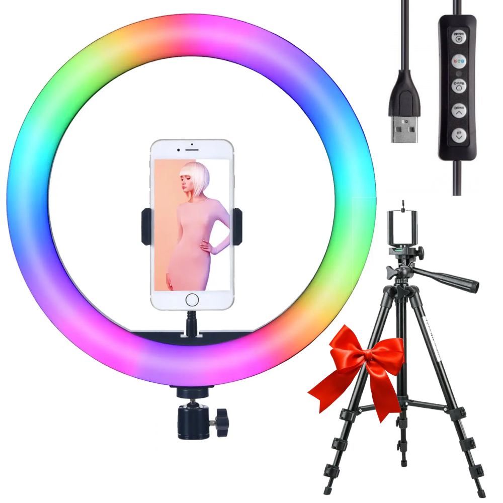 Кільцева лампа RGB 30 см MJ 300 + Подарунок Штатив Tripod FY-3120 / LED лампа для блогера, фото 1