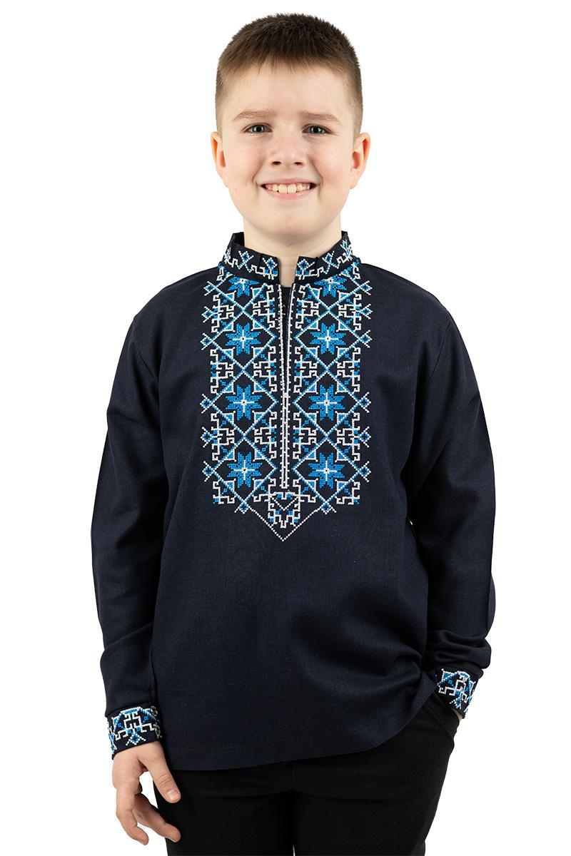 Темно-синя вишиванка для хлопчика з блакитним геометричним орнаментом розміри 110–164
