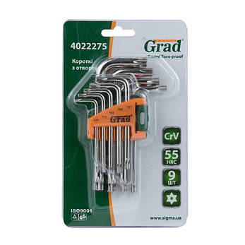 Ключі TORX 9шт T10-T50мм CrV (короткі з отвір) GRAD (4022275), фото 4