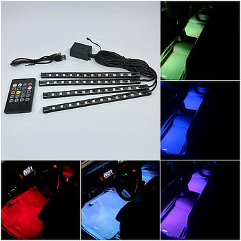 Підсвітка салону автомобіля Led RGB 4х12 USB (багатобарвна) + Музика