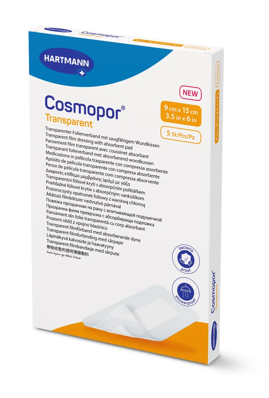 Пов’язка Cosmopor® Transparent 9см х 15см плівкова прозора з абсорбуючою подушечкою