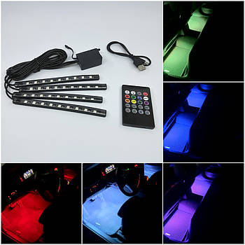 Підсвітка салону автомобіля Led RGB 4х9 USB (багатоколірна) + Музика