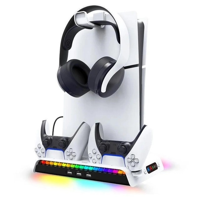 Док-станція підставка для консолі та геймпадів для PS5 Slim iPega PG-P5S006 з охолодженням та RGB підсвічуванням Білий