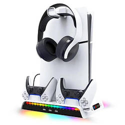 Док-станція підставка для консолі та геймпадів для PS5 Slim iPega PG-P5S006 з охолодженням та RGB підсвічуванням Білий