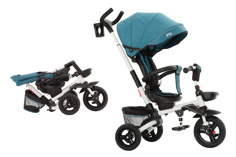 Велосипед триколісний з батьківською ручкою зелений Tilly Flip T-390/1 з підсклянником та багажним кошиком