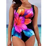 Суцільний жіночий купальник на пишні форми чорний з квітковим принтом, фото 5