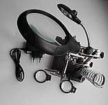 Лупа (2,5 х-7,5 х-10х) з затискачами, підсвічуванням і підставкою під паяльник, фото 2