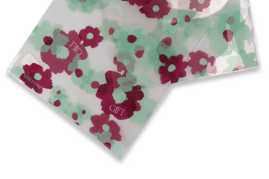 Пакувальний папір, прозорий, об'ємні квіти фіолетово-м'ятні, 57*57, фото 1