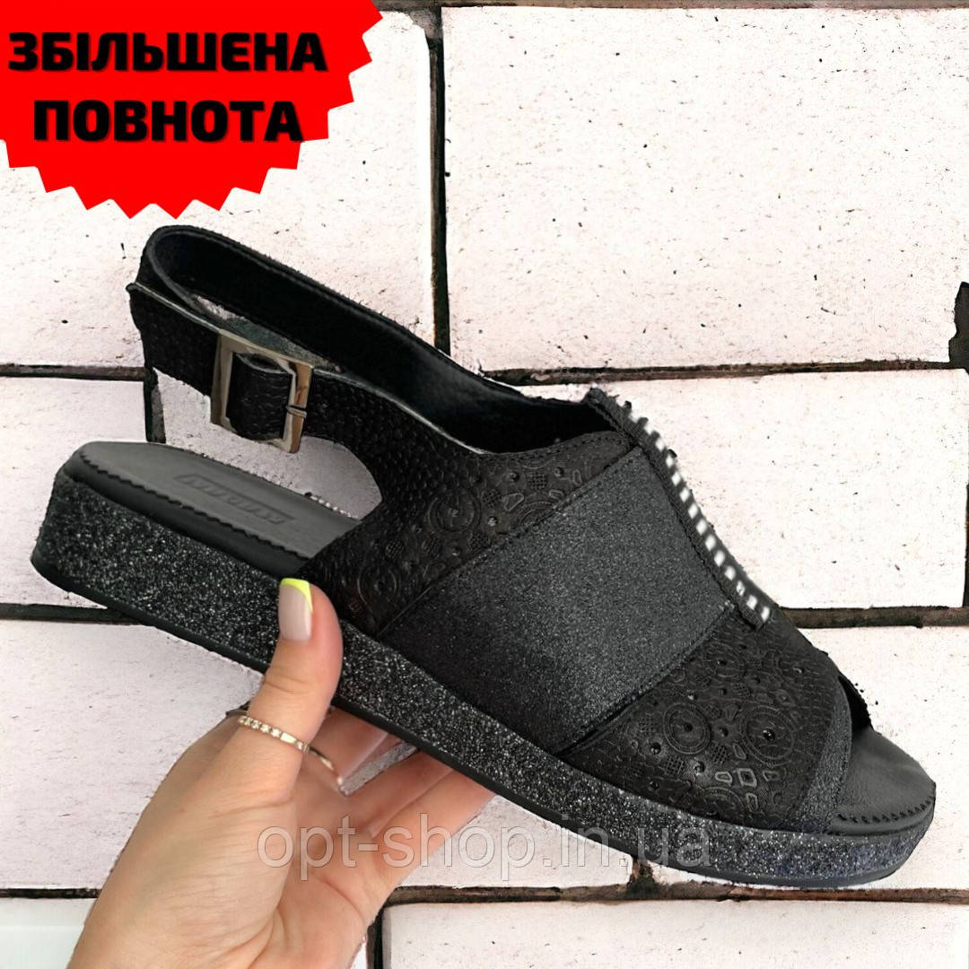Босоніжки шльопанці жіночі шкіряні чорні на середню повну широку ногу на низькому ходу плоскій підошві 40 розмір від виробникаа, фото 1