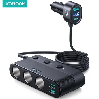 Автомобільний зарядний JOYROOM 139W, розгалужувач прикурювача, 12/24 V (на 3 виходи + 4 USB), вольтметр
