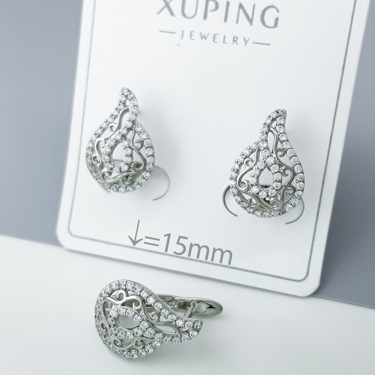 Сережки "Ажурна Крапелька" з розсипом каміння, англ.замок, медсталь Xuping, родій