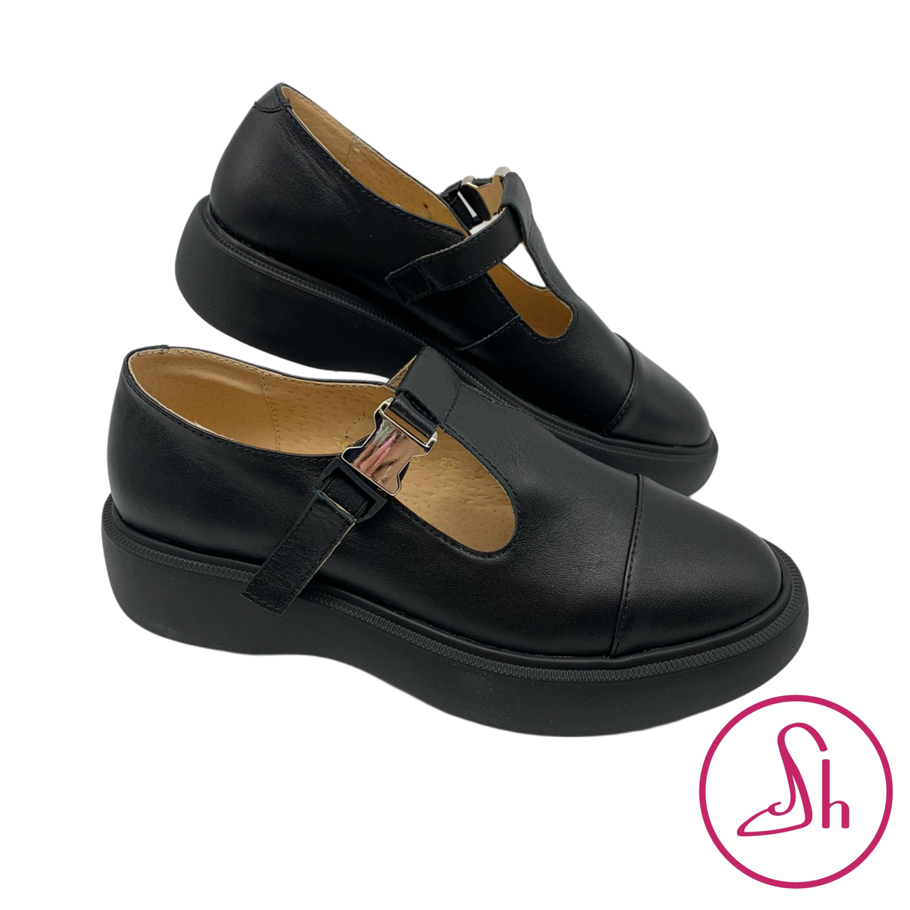 Шкіряні жіночі туфлі на плоскій платформі чорного кольору “Style Shoes”